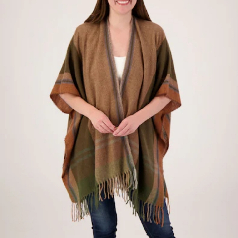 Vince Camuto Olive and Brown Fringe Poncho Size OS